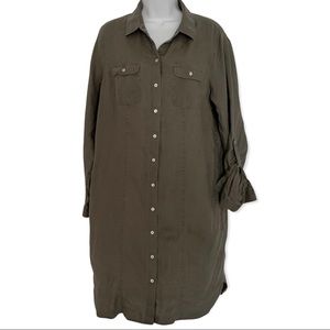 Saks Fifth Avenue olive green long sleeve safari linen dress